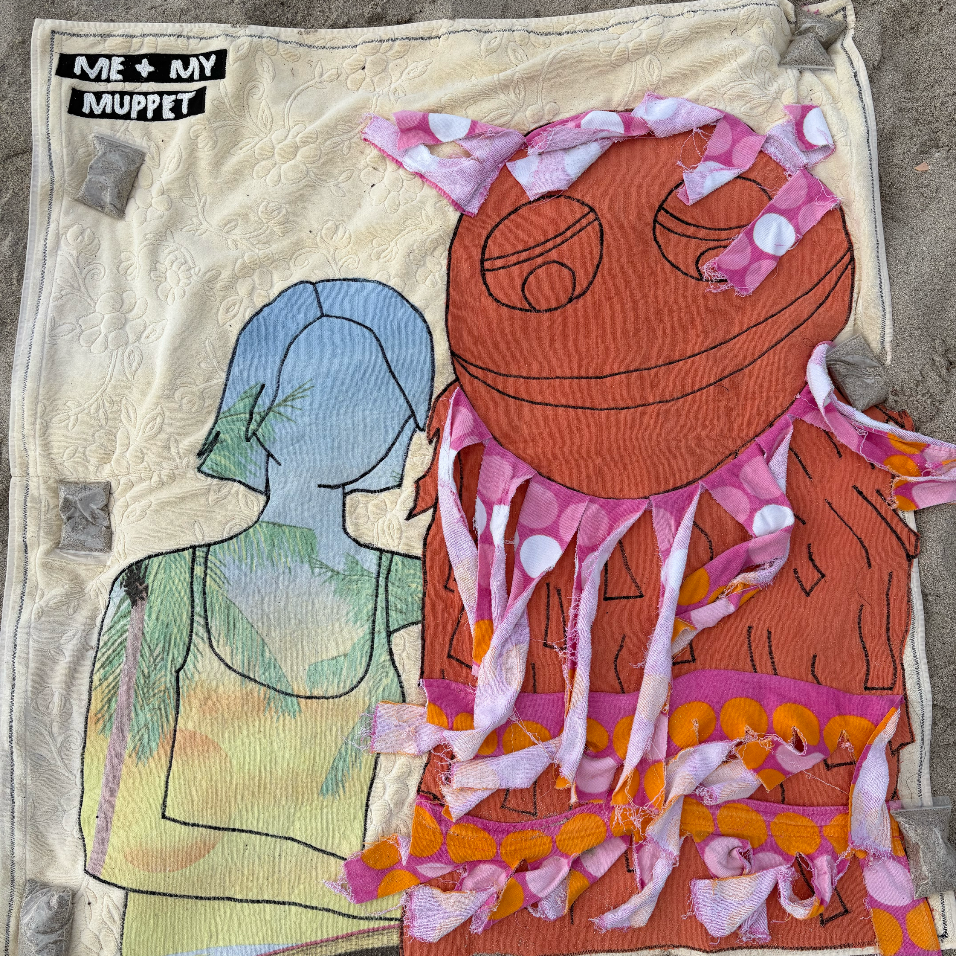 Playful fiber art piece featuring muppet-inspired characters