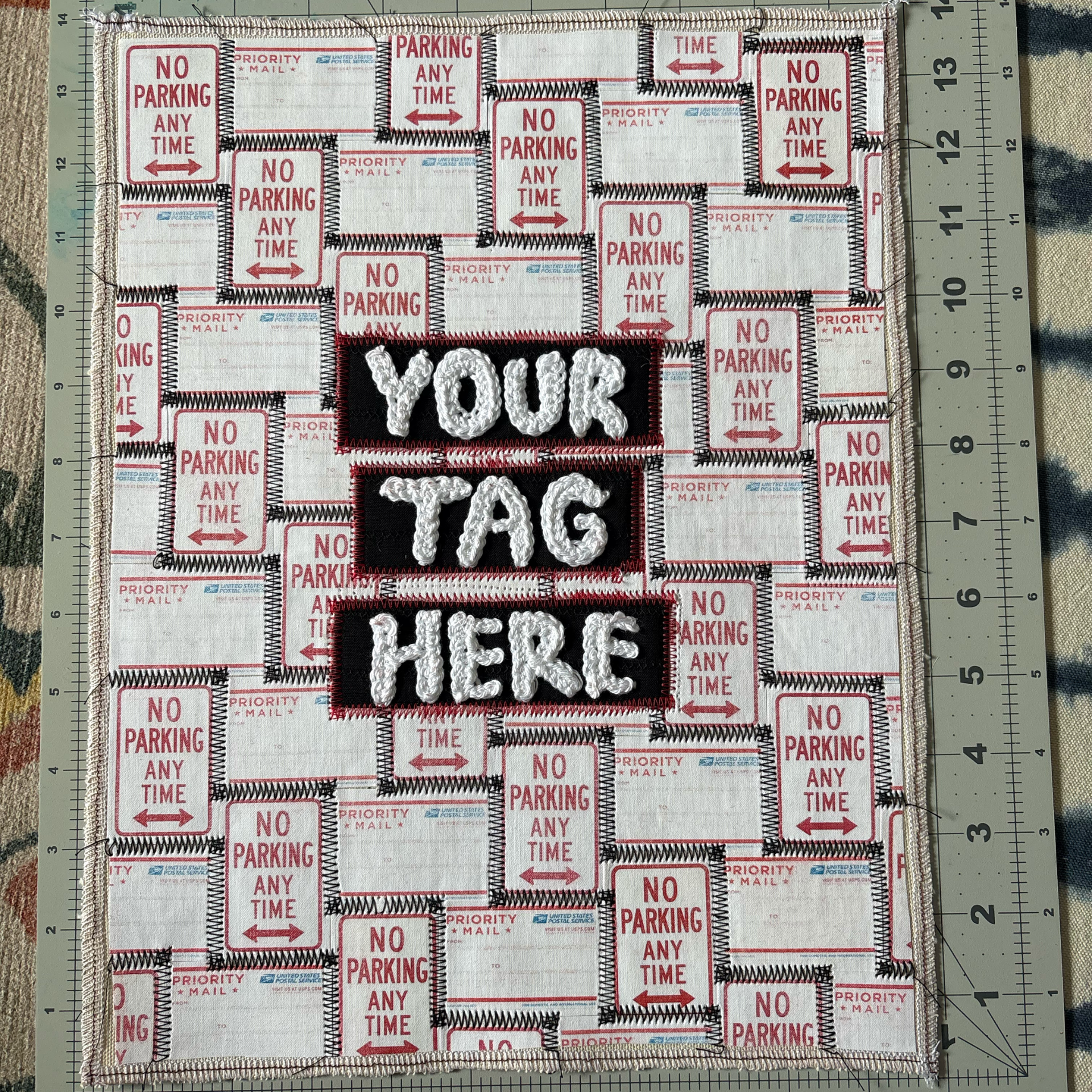 Interactive fiber art piece with text your tag here