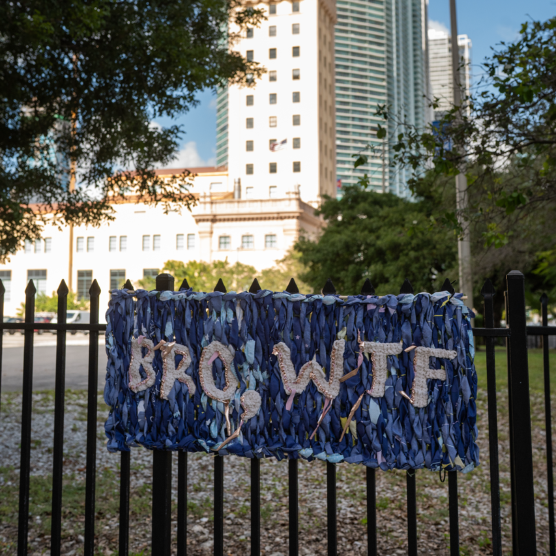 Bro WTF banner installation on Liberty Tower